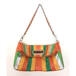 VTG 80s Colorblock Leather Convertible Foldover Shoulder Bag Orange/Green/Silver